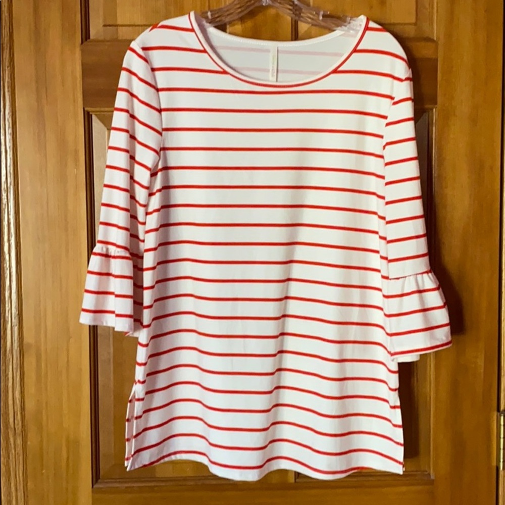 Women’s red and white striped peplum sleeve top